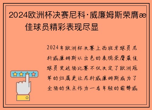 2024欧洲杯决赛尼科·威廉姆斯荣膺最佳球员精彩表现尽显 2024欧洲杯决赛尼科·威廉姆斯荣膺最佳球员精彩表现尽显