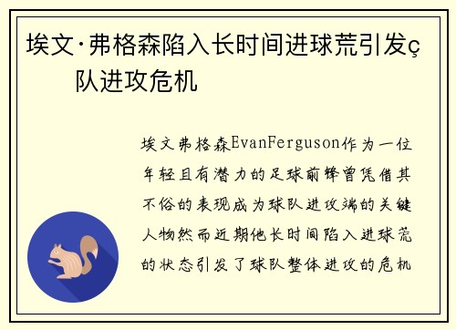 埃文·弗格森陷入长时间进球荒引发球队进攻危机 埃文·弗格森陷入长时间进球荒引发球队进攻危机